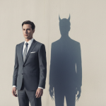 Imagen de un ejecutivo de traje fraudulento que proyecta una sombra diabolica