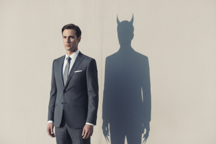 Imagen de un ejecutivo de traje fraudulento que proyecta una sombra diabolica