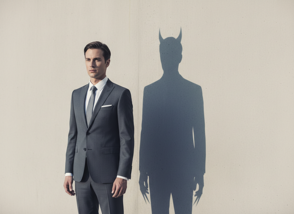 Imagen de un ejecutivo de traje fraudulento que proyecta una sombra diabolica